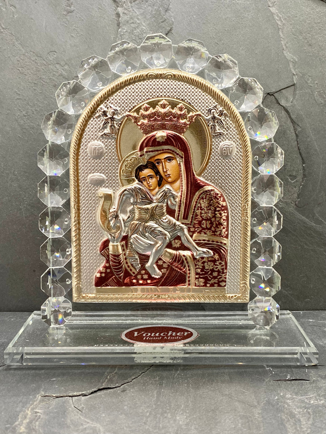 An original copy of Byzantine Holy Icon Panagia made with 925* Silver on Glass GP10