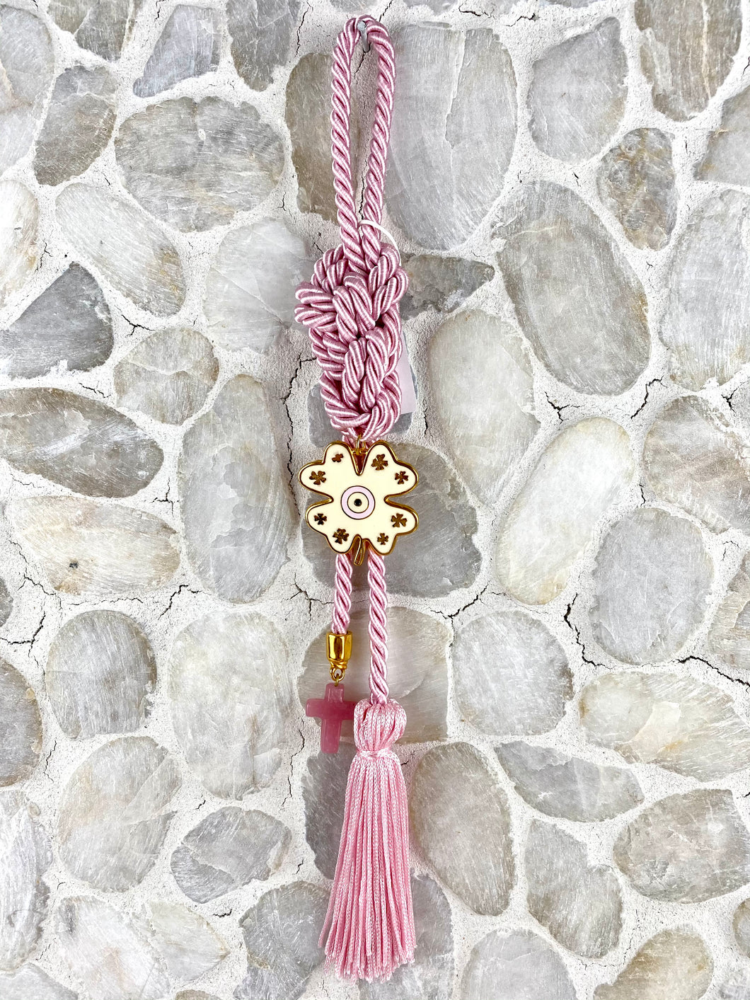 Pearl Pink  Cord Gouri, Evil Eye 4 Leaf Clover and Cross with Tassel GHG16