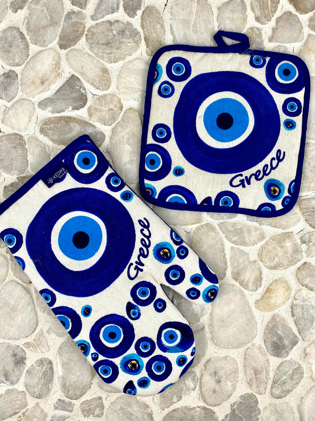 White Evil Eye Print Oven Mitt with Hot Pad Set EM2