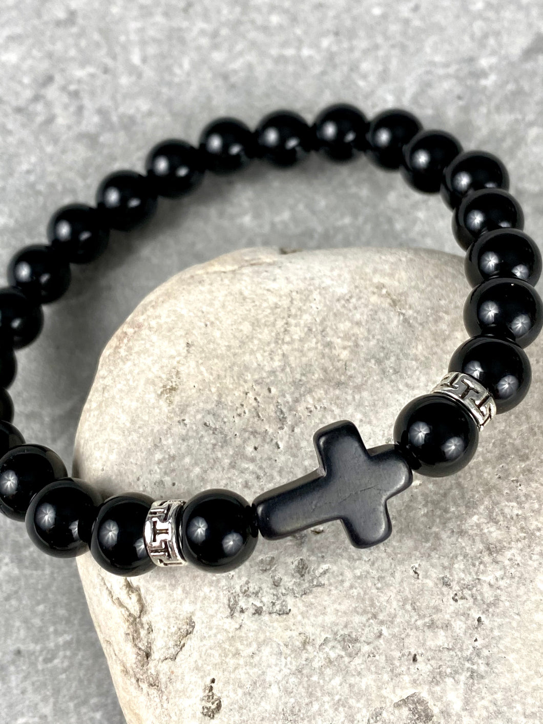 Black Onyx Stone with Cross and Greek Key Bracelet  MB19