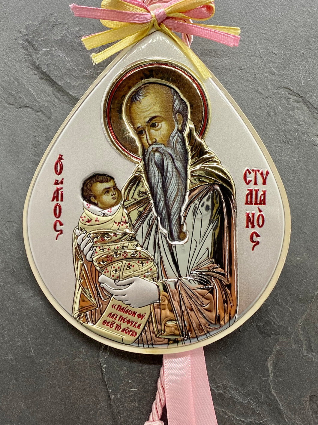 Large Silver Tear Drop Ag. Stelianos The Baby Protector Icon on wood with pink and gold ribbons PS56