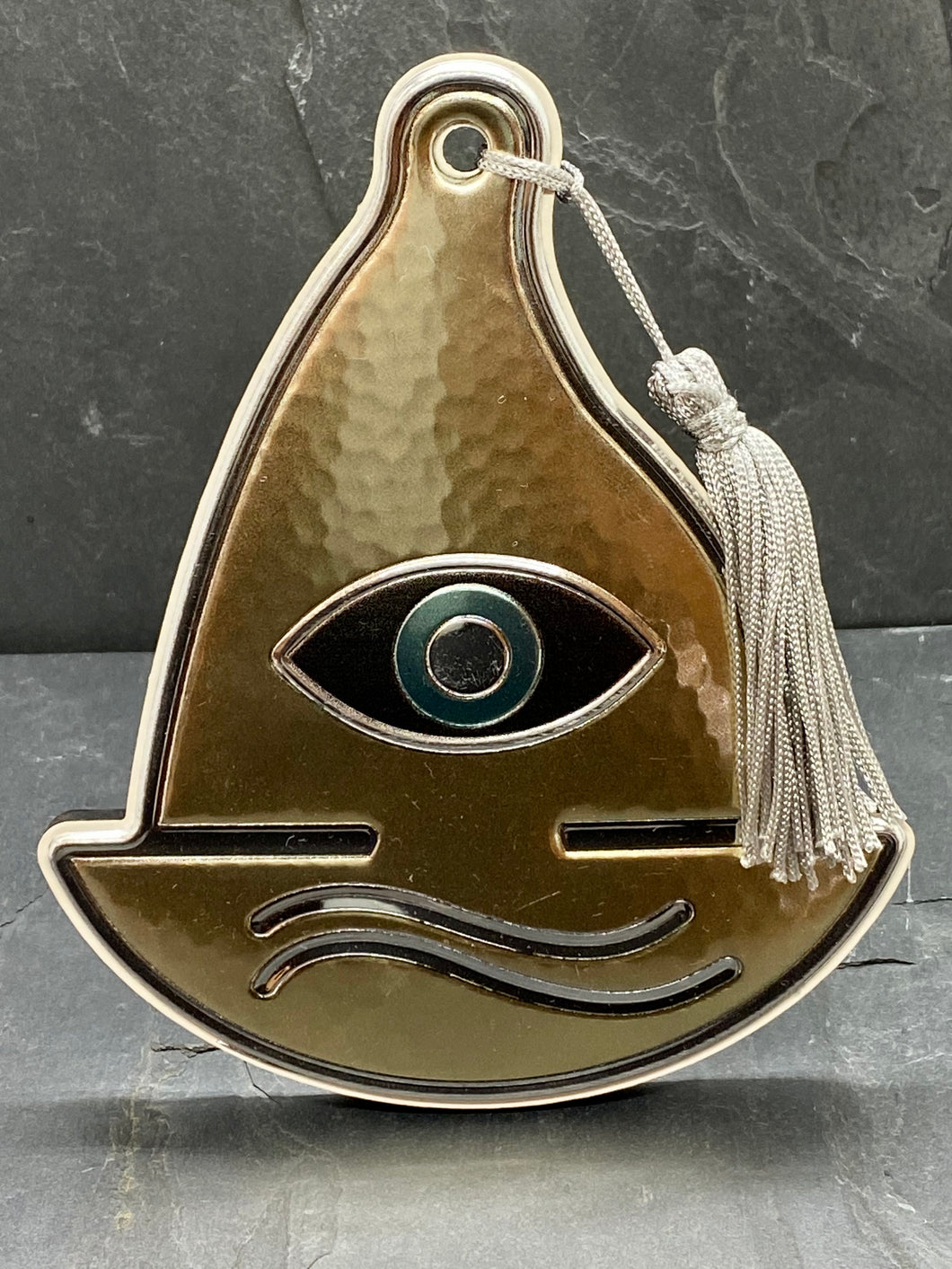 Silver Plated Gold Evil Eye Sail Boat with Tassel on Wood SB18