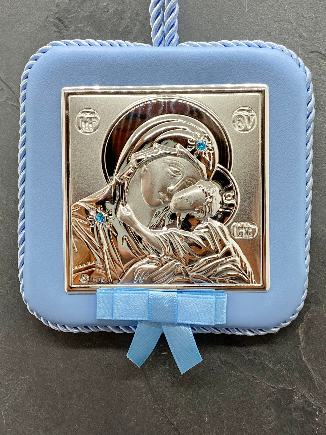 Lullaby Silver Panagia Icon on Blue Leather Pillow Trimmed with Cord PS66