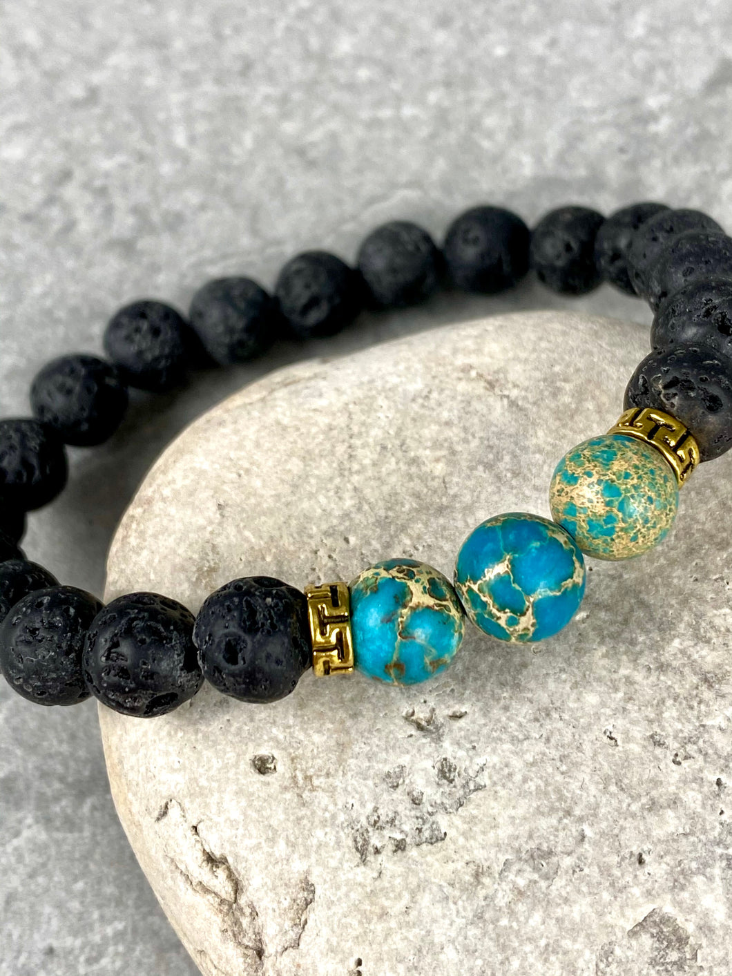 Black Volcanic Lava Stone with Turquoise Natural Stones and Greek Key Beaded Bracelet MB15