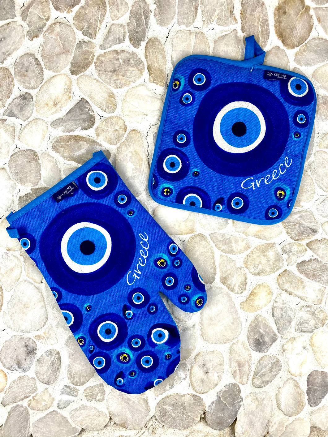Blue Evil Eye Print Oven Mitt with Hot Pad Set EM1