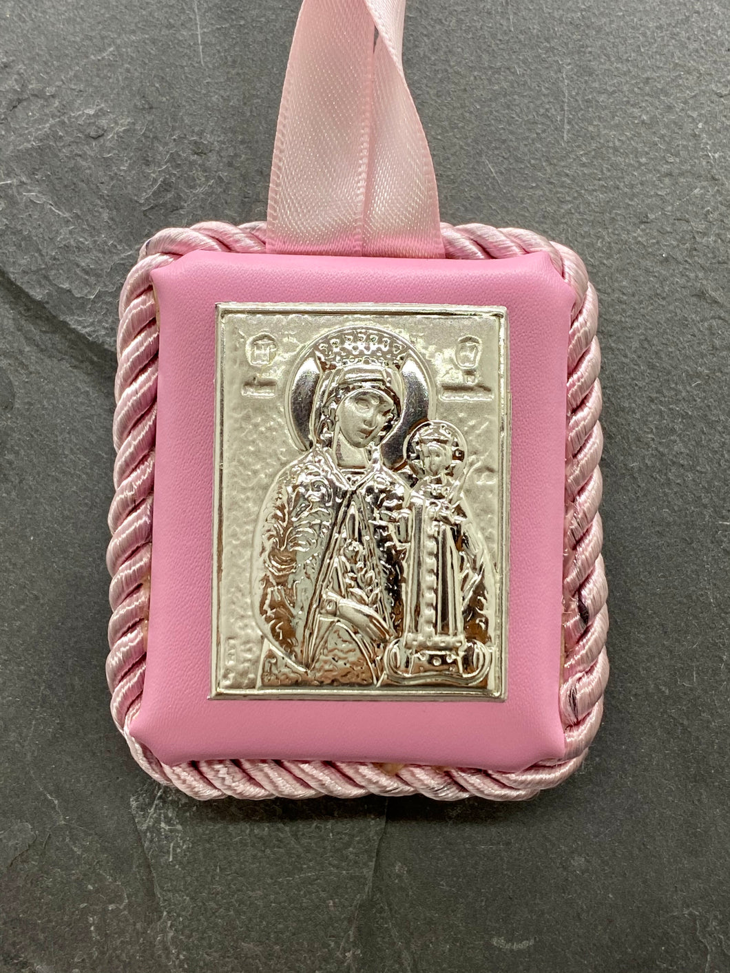 Silver Panagia  Icon on Pink Leather Pillow Trimmed with Cord PS50