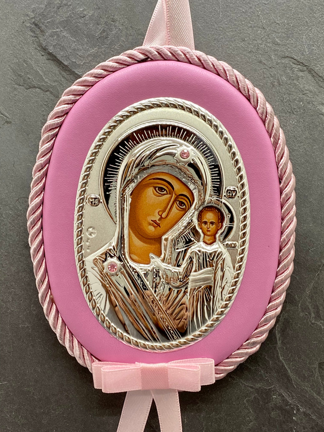 Silver Panagia Icon on Pink Leather Pillow Trimmed with Cord PS52