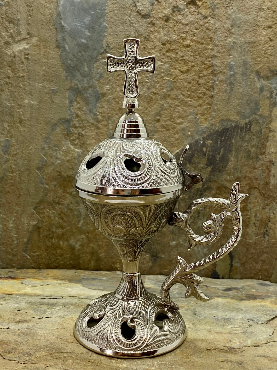 Fine Detailed Greek Orthodox Nickel Plated Brass Themioto Incense Burner 169N