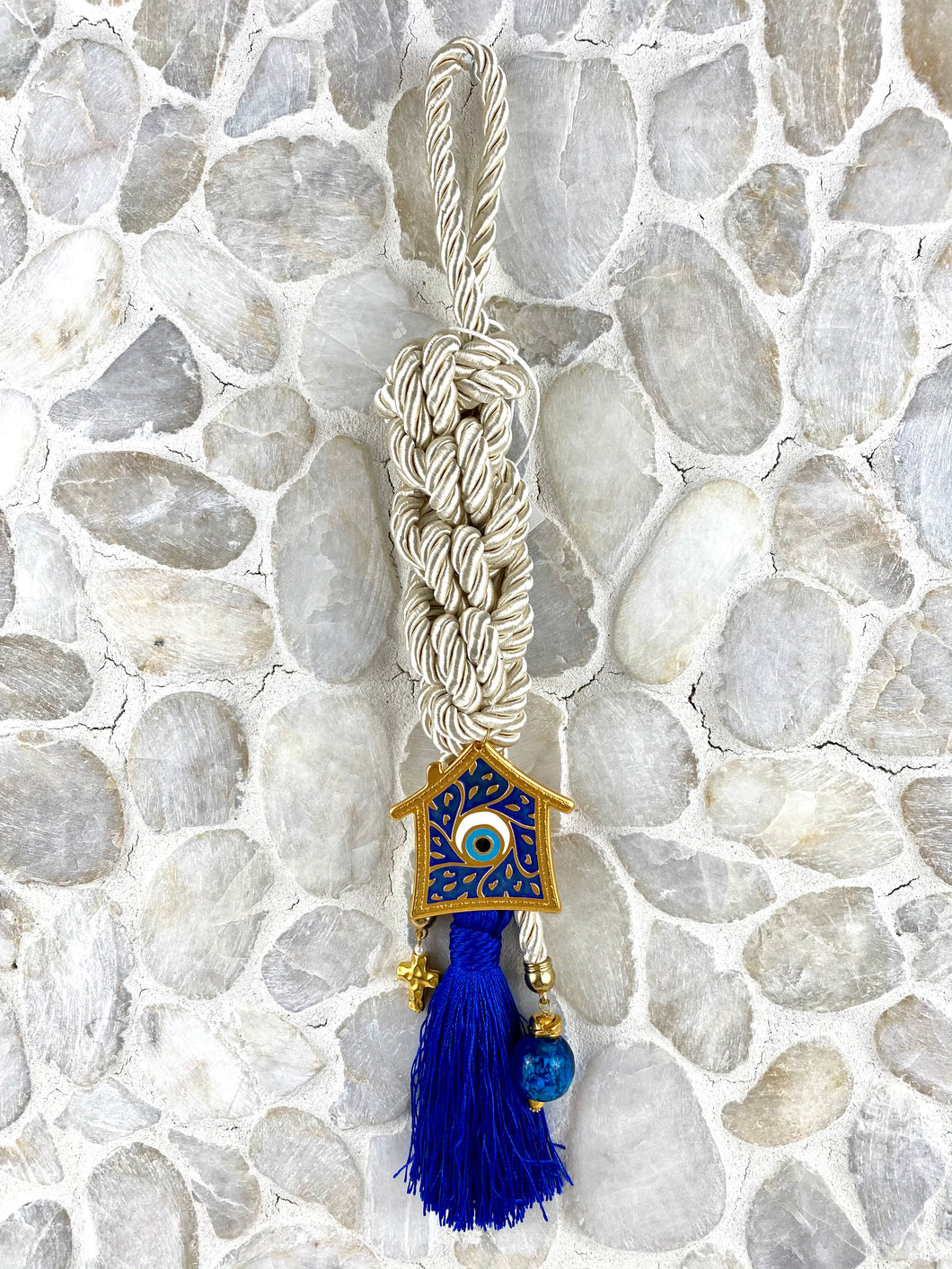 Pearl cord Gouri, metal Evil Eye House, Murano glass beads, Cross Charm with Large Tassel HG15