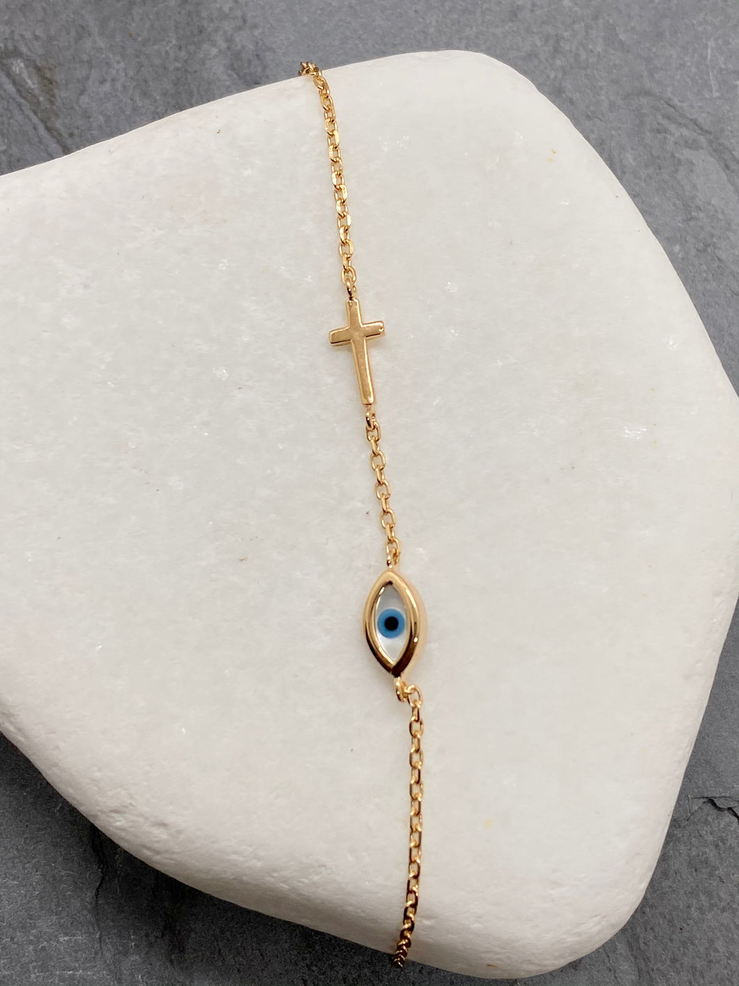 925” Sterling Rose Gold Evil Eye Mati with Cross Bracelet RB4