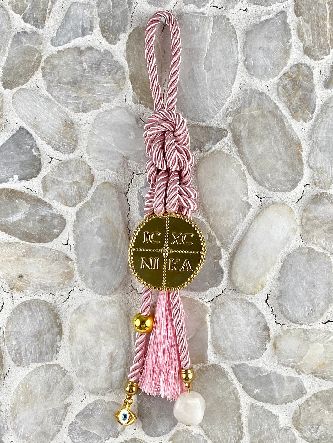 Pearl Pink Cord with Large Konstantinata, Mati Pendant and Large Rock Bead GHG10