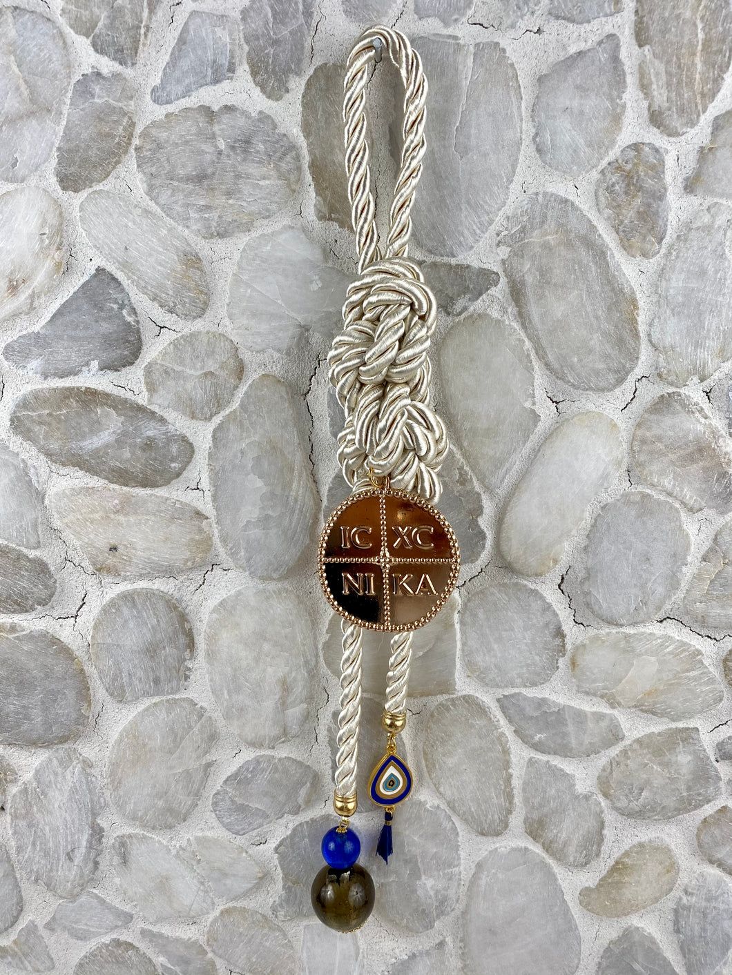 Ivory Cord Gouri with Large Rose Gold Konstantinata,  Murano Glass Bead and Evil Eye Charm HG2