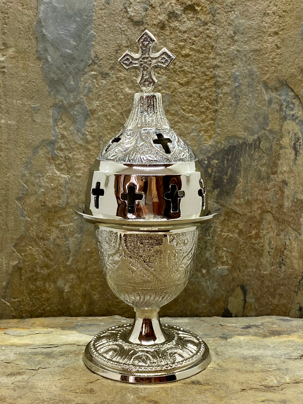 Detailed Greek Orthodox Nickel Plated Brass Kantili Vigil Lamp 9601N