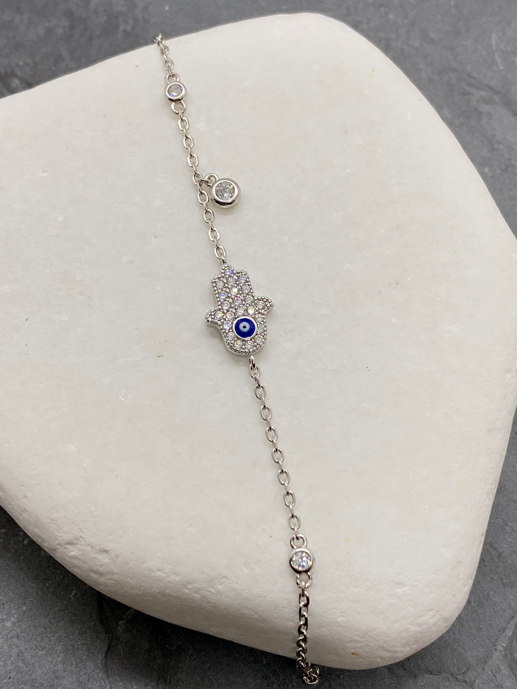 925” Sterling Silver Hamsa with Evil Eye and Rhinestones Bracelet SB15