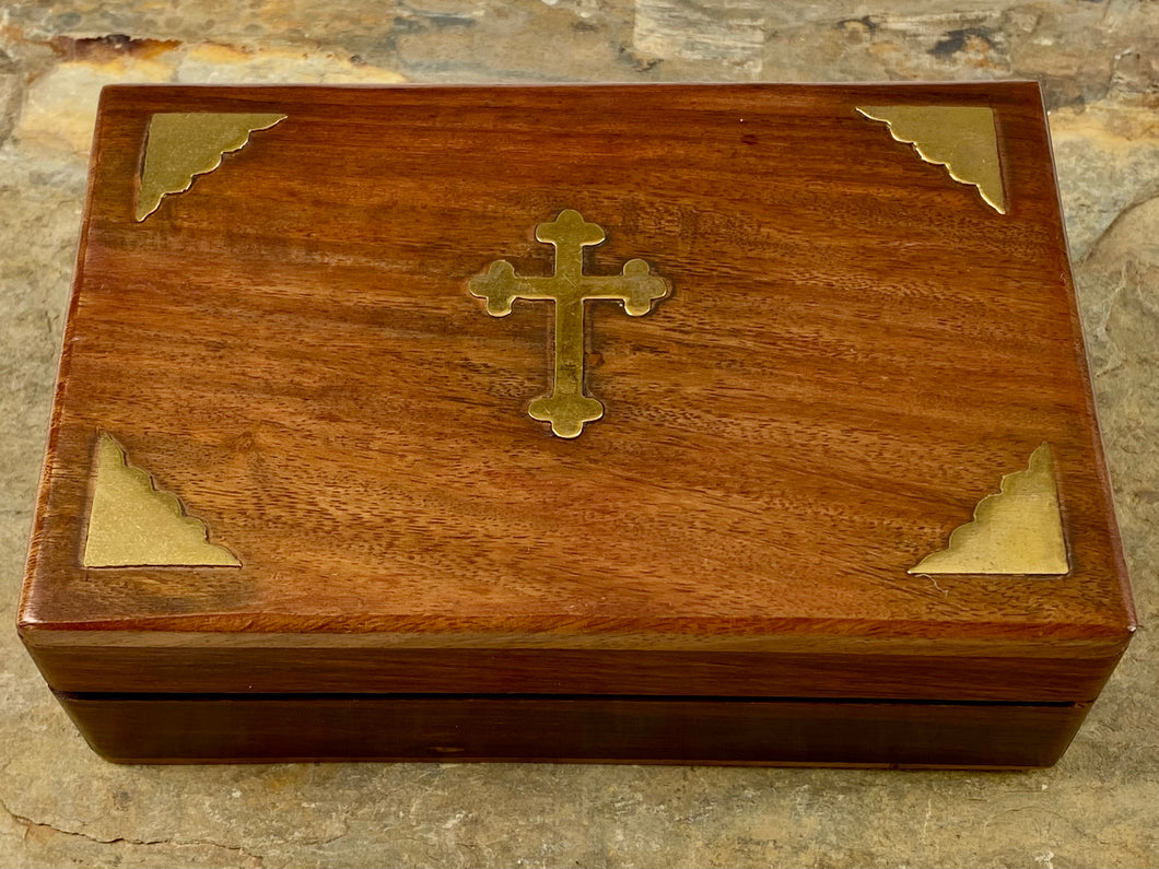 Large Wooden Livanothiki Incense Storage Box with Brass Trim Cross 9609