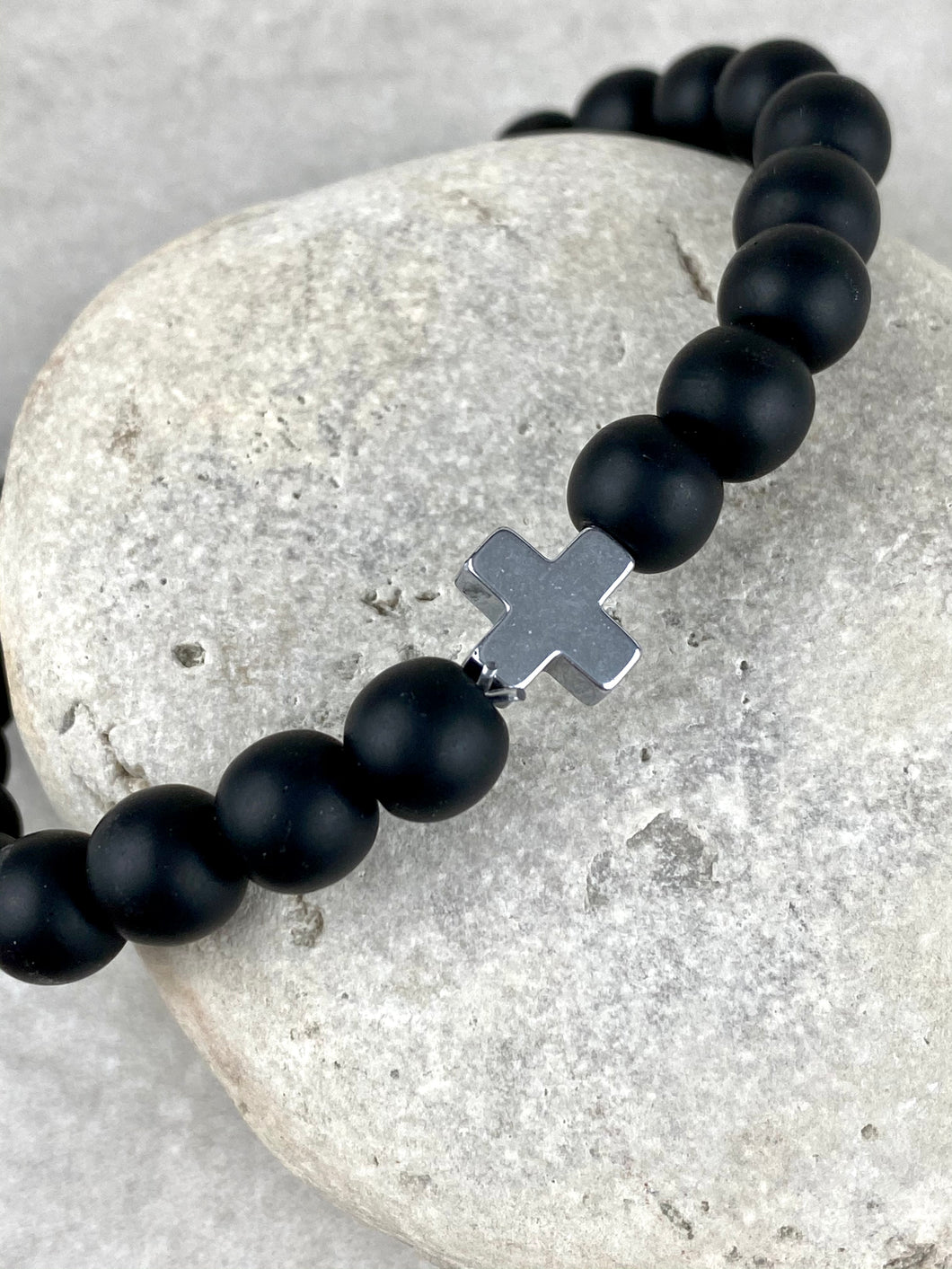 Black Matte Natural Stone Beaded Bracelet with Cross