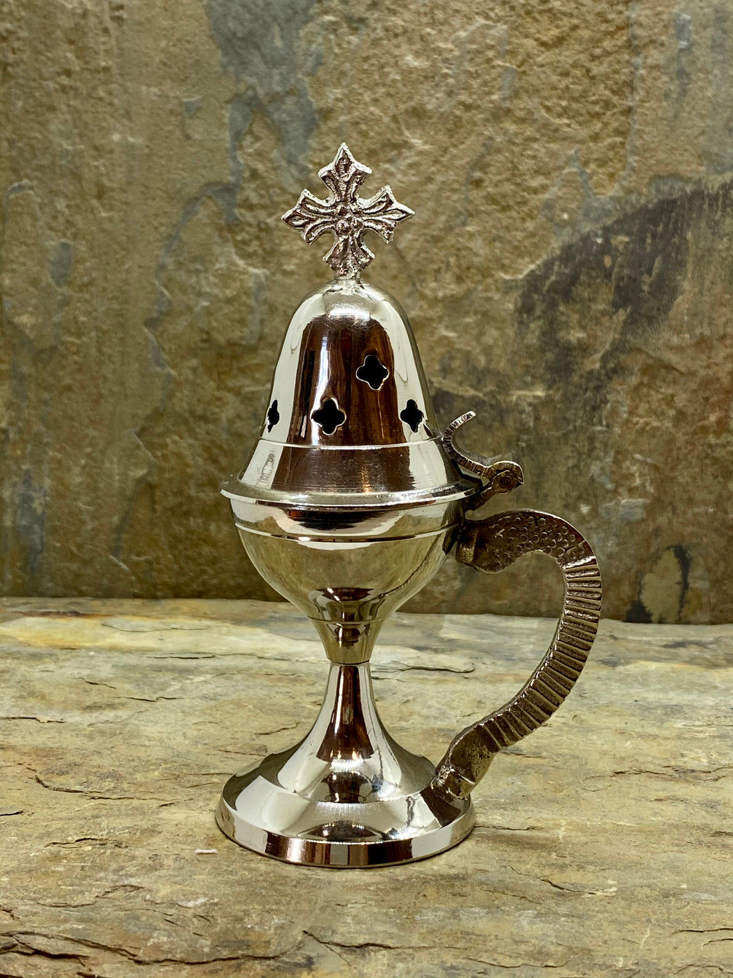 Polished Nickel Plated Brass  Themioto Incense Burner with Detailed Handle 4099N