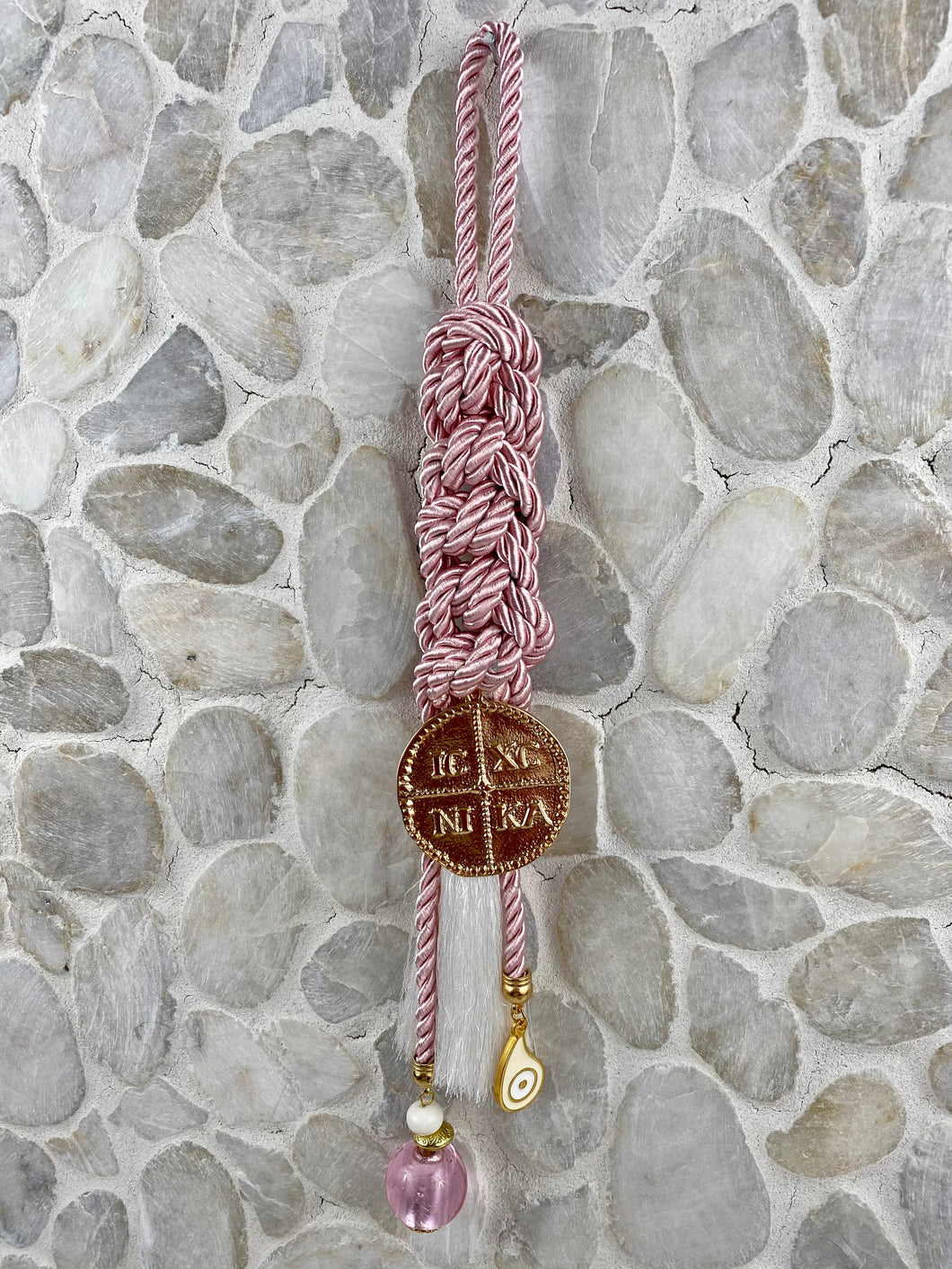 Pink Cord Gouri with Large Rose Gold Konstantinata, Tassel, Large Murano Glass Bead and Evil Eye Charm  HG3