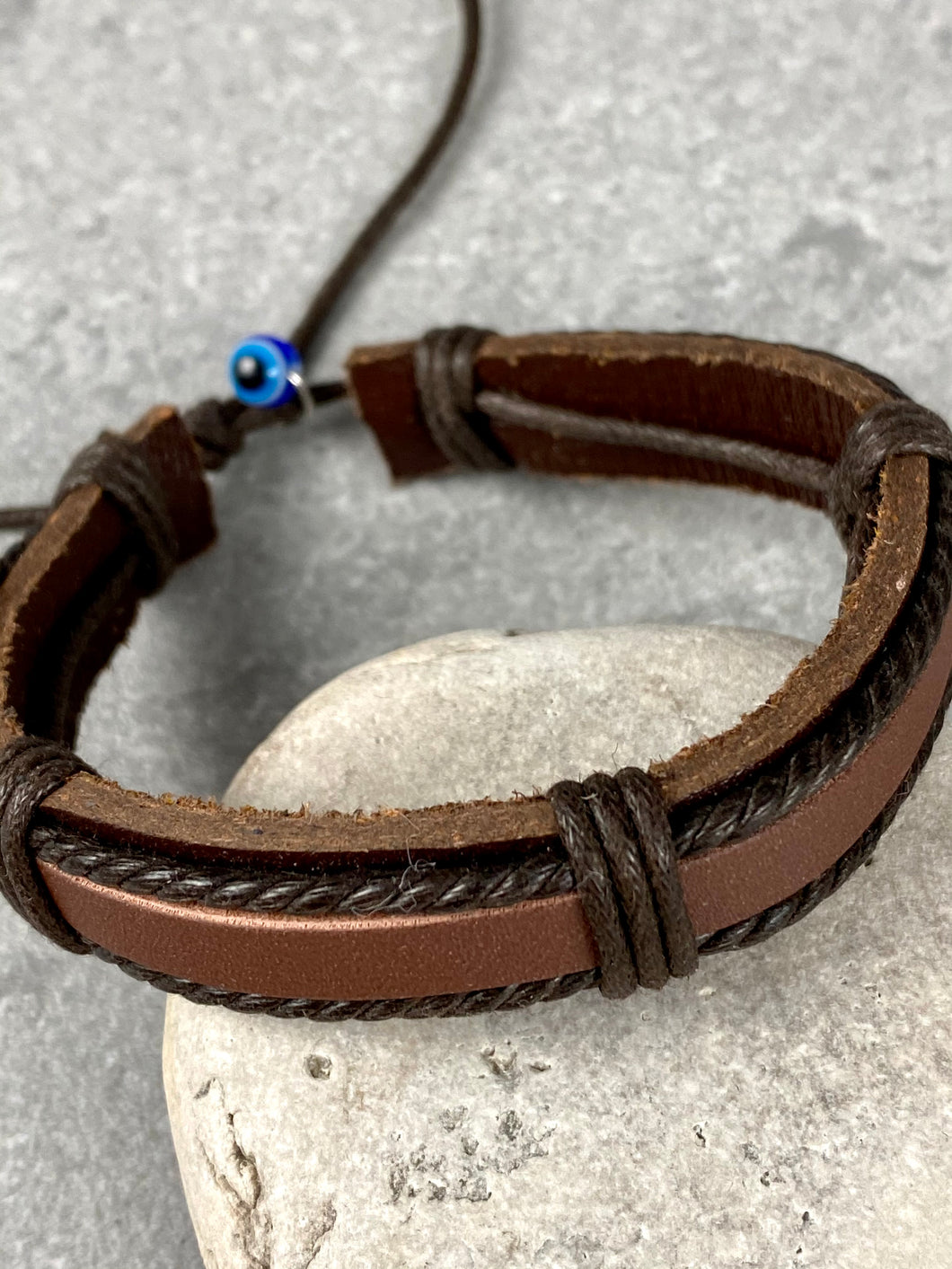 Brown Leather Braided Adjustable Bracelet with Evil Eye Bead MB33