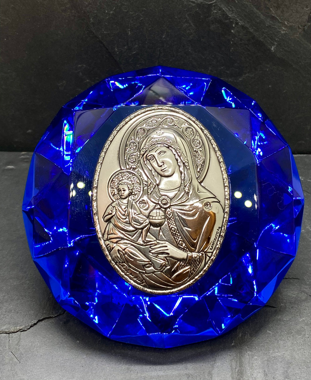 Blue Glass Diamond Cut Icon with 925* Silver Panagia DI2