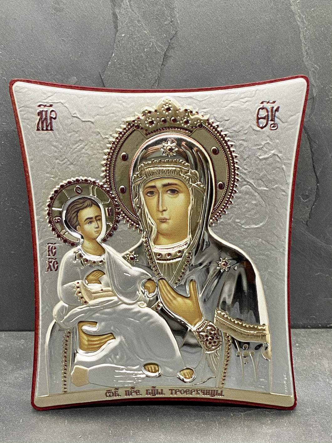 An original copy of Byzantine Holy Icon 3 Handed made with 925* Silver on Cherry Wood  SI19