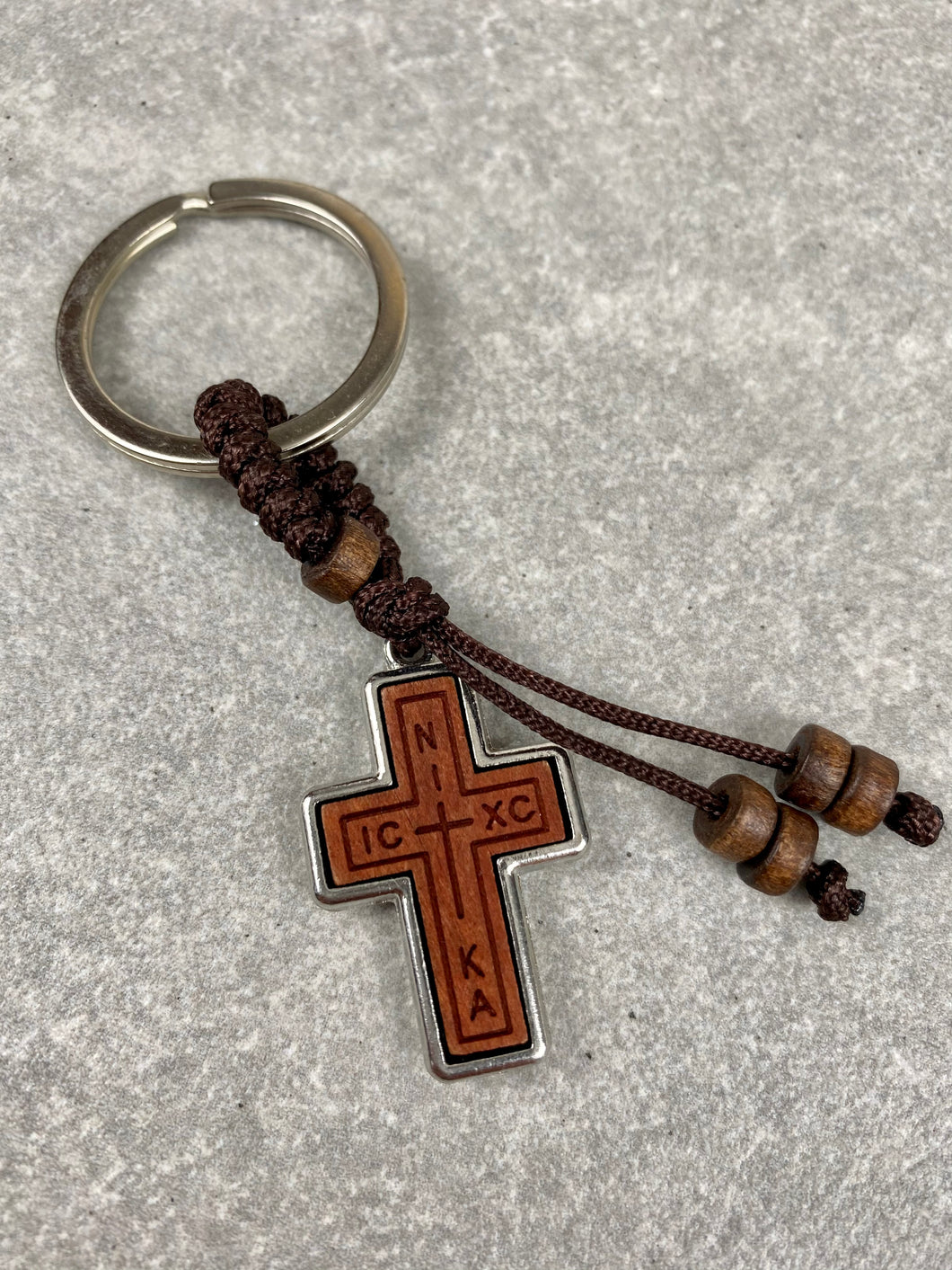 Wooden Cross with Metal Frame and Wooden Beads Keychain RK5