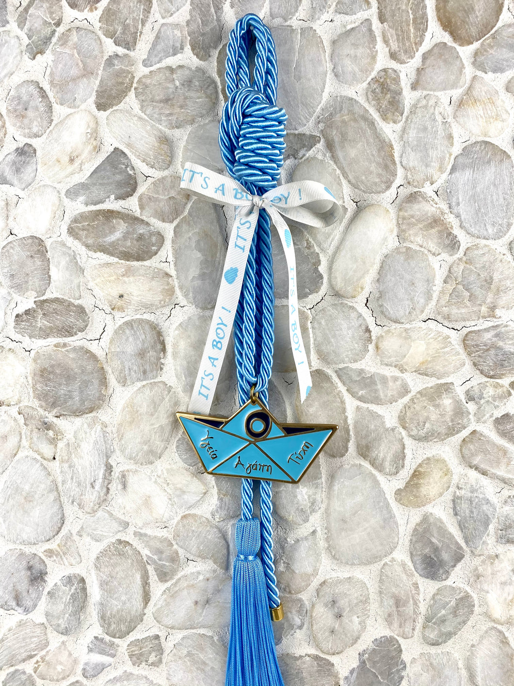 Baby Blue Cord Gouri with Large Metal Health, Love and Good Luck Greek Sailboat and Large Tassel BHG24