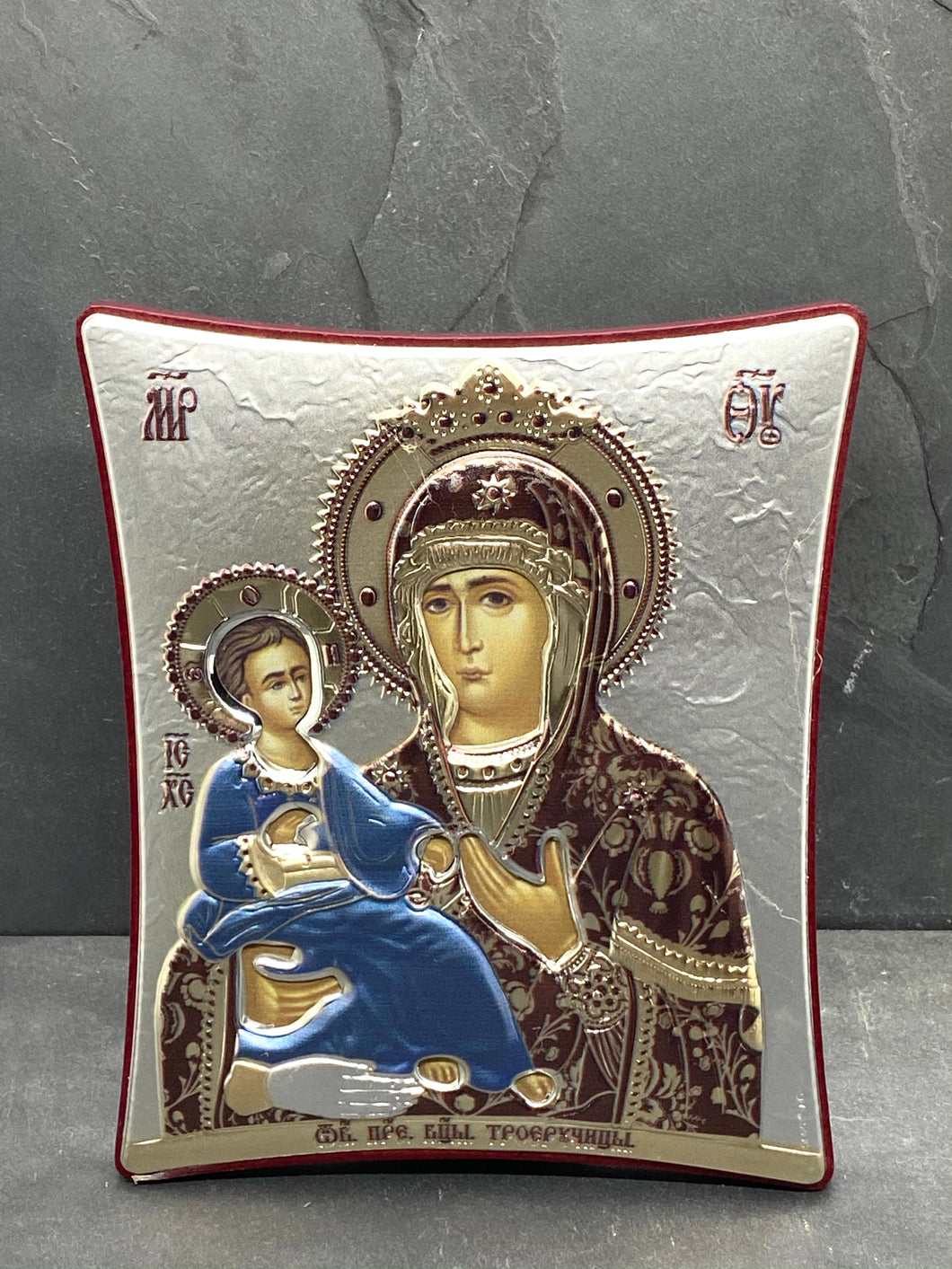 An original copy of Byzantine Holy Icon 3 Handed made with 925* Silver on Cherry Wood SI20