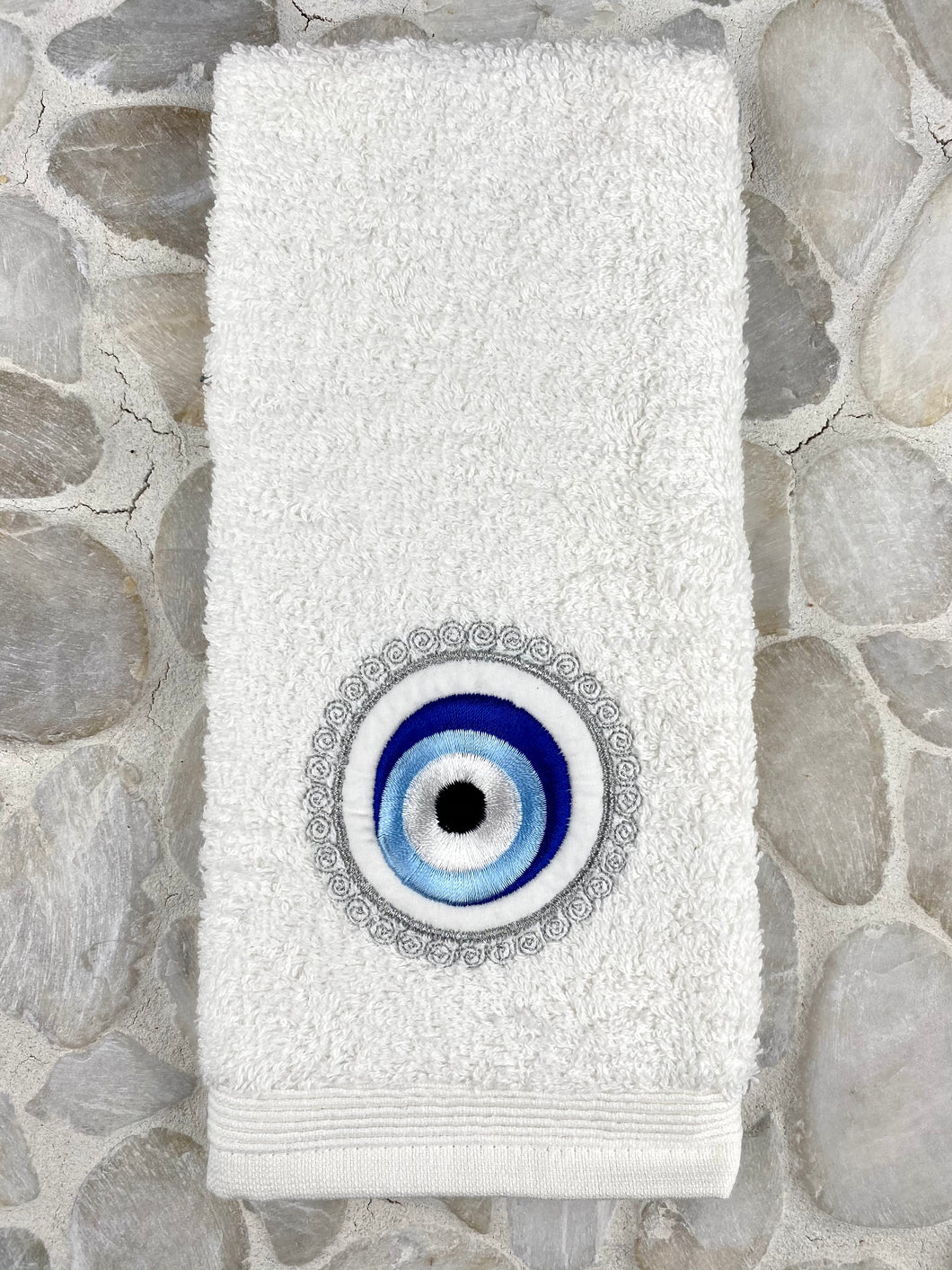 Cotton Hand Towel with Navy Blue and Silver Embroidered Evil Eye HT3