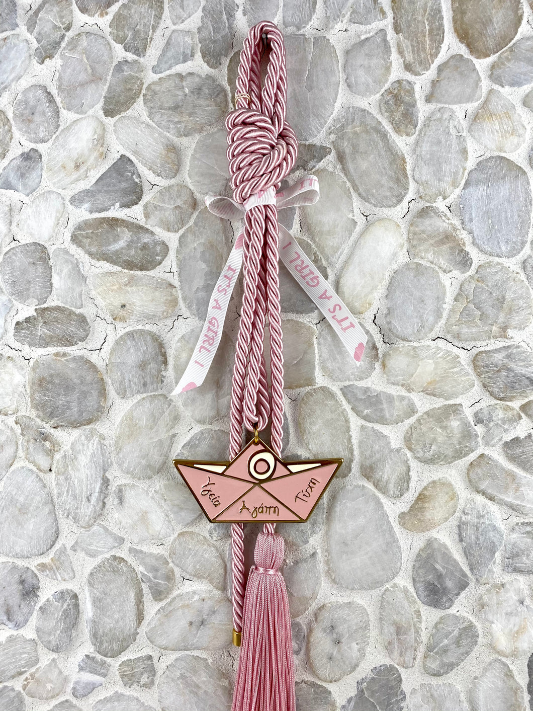 Pink Cord Gouri with Large Metal Health, Love and Good Luck Greek Sailboat and Large Tassel GHG8