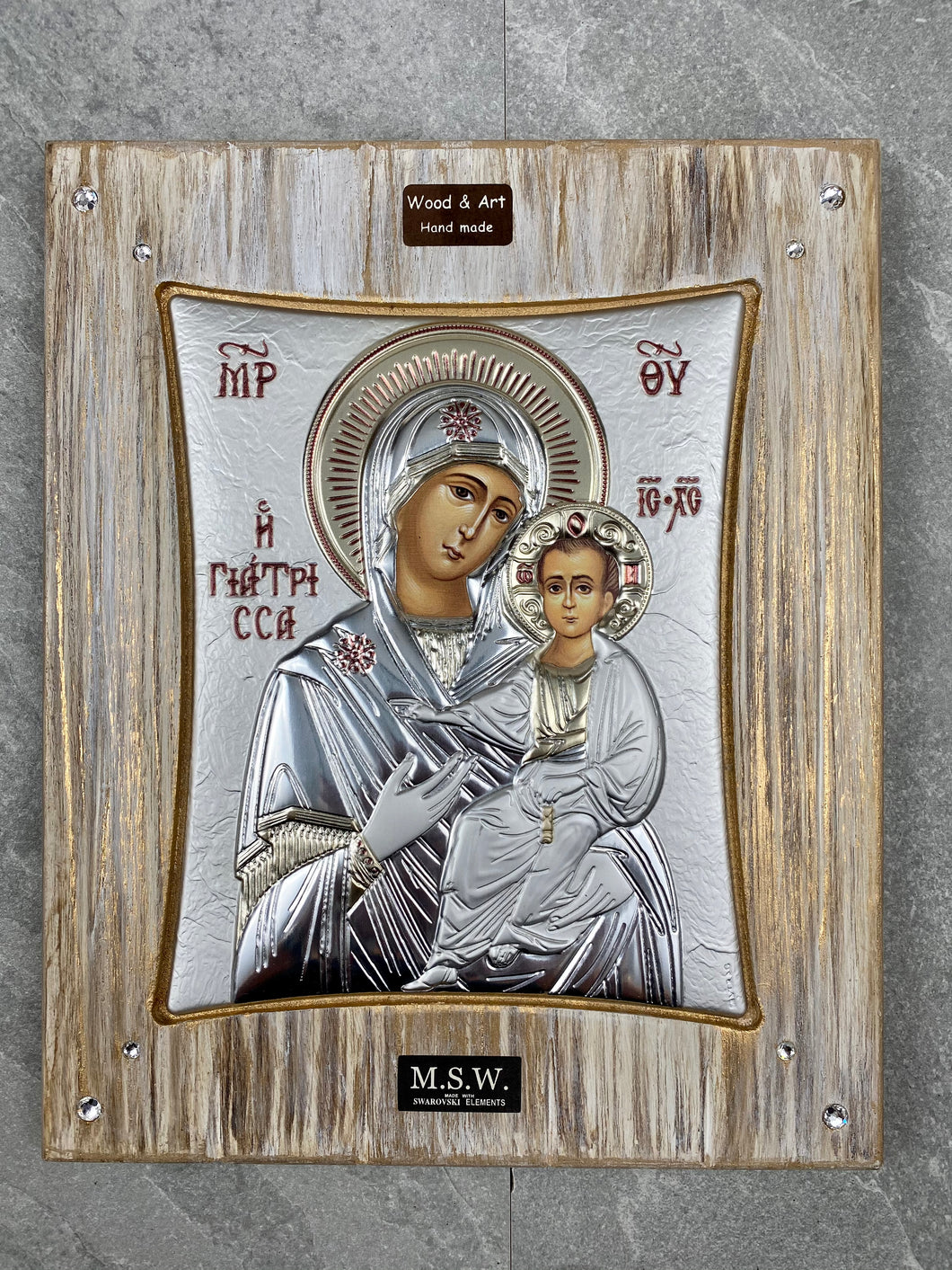 Hand Made 925* Holy Icon Giatrissa on Wood with Swarovski Elements HM4