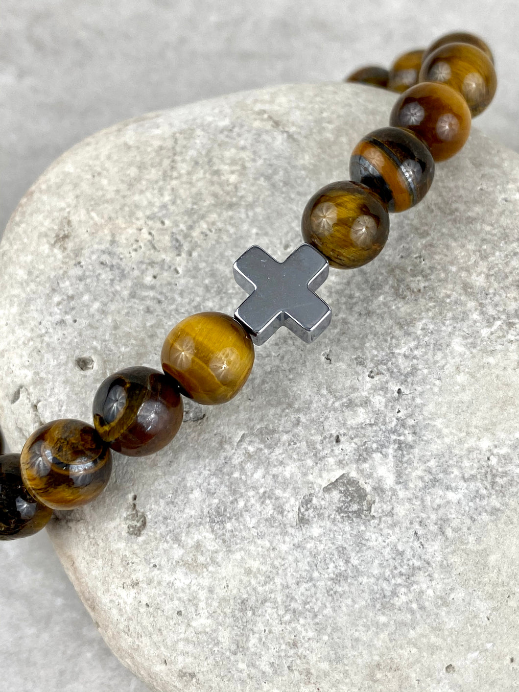 Tiger Eye Beaded Bracelet with Cross