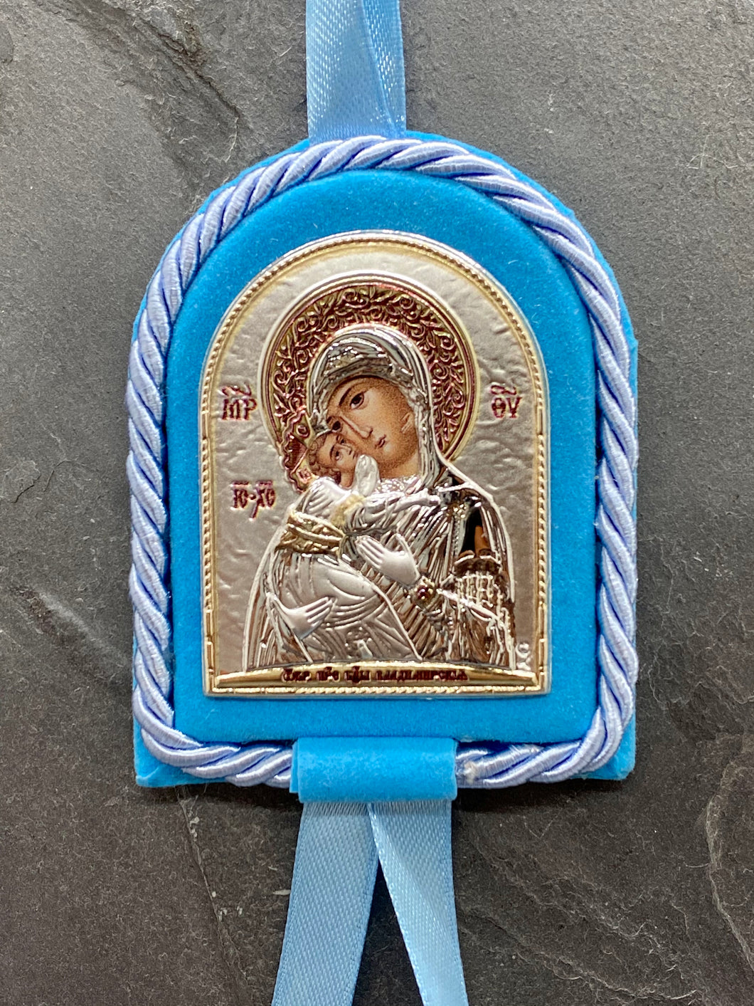 Silver Panagia Icon on Blue Velour Trimmed with Cord PS60
