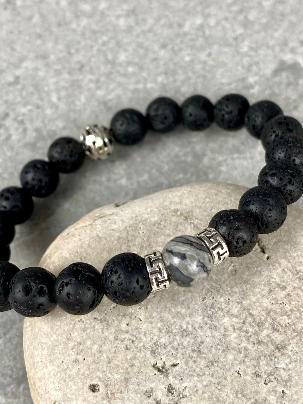 Black Volcanic Lava Stone with Natural Grey  Stone Bracelet and Greek Key MB16