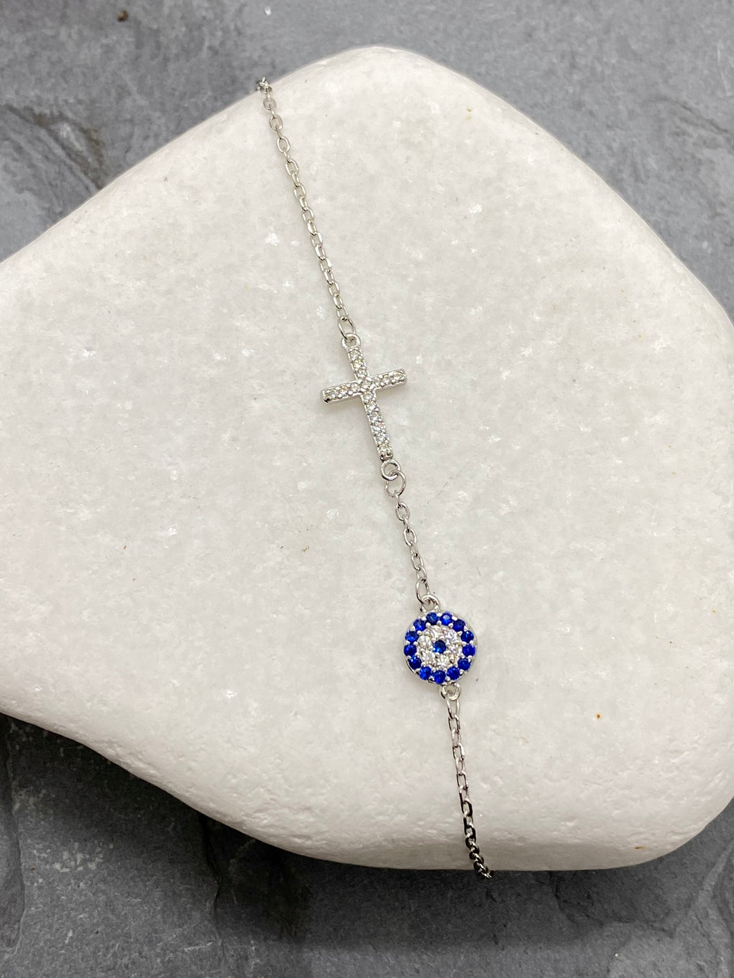 925”Sterling Silver Rhinestone Cross and Evil Eye Bracelet SB2