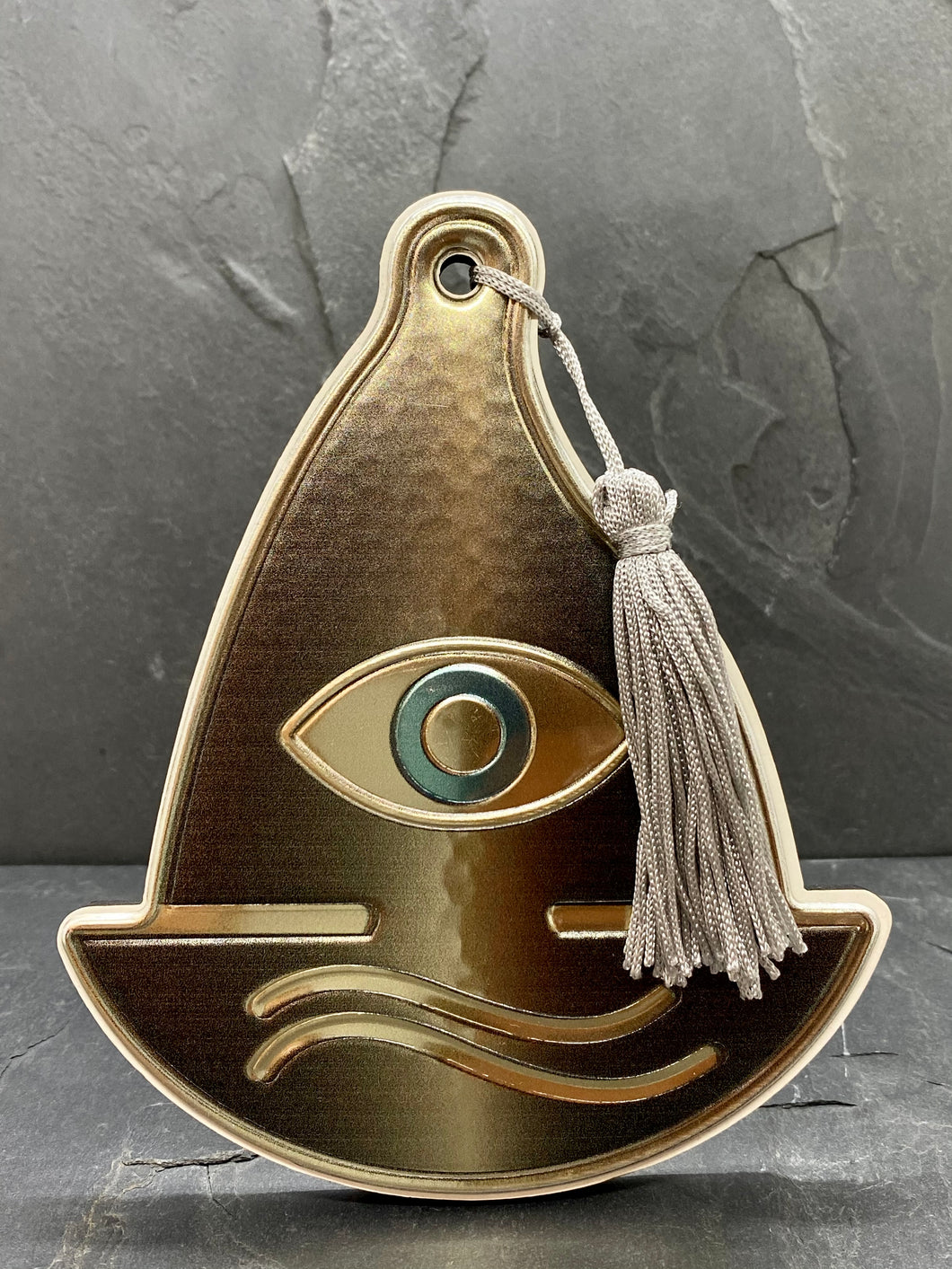 Silver Plated Bronze Evil Eye Sail Boat with Tassel on Wood SB14