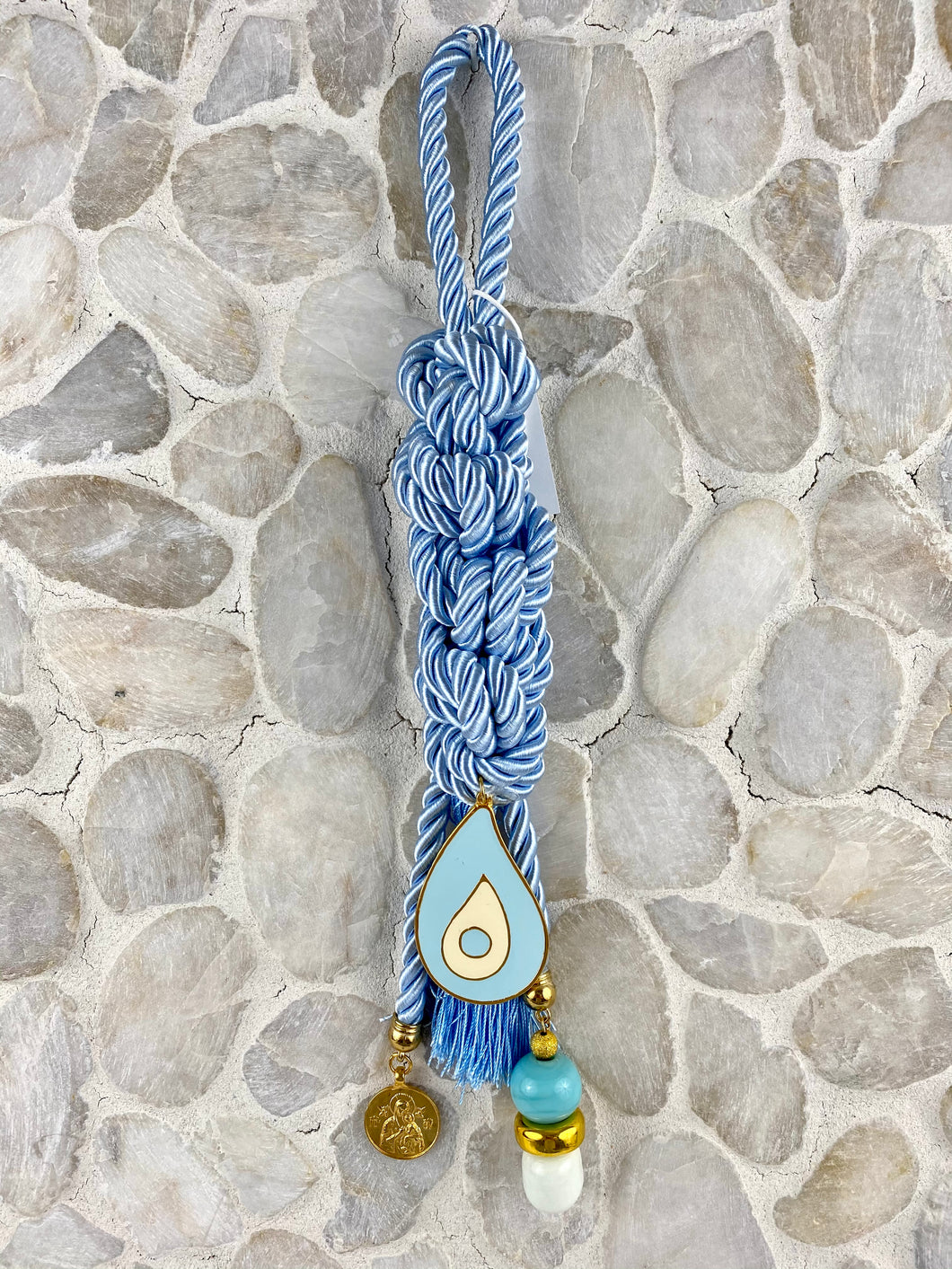 Pearl Baby Blue Cord Gouri, Large Metal Evil Eye, Double sided  Panagia, Ag. Christoforos pendant, large beads and blue Tassel BHG26