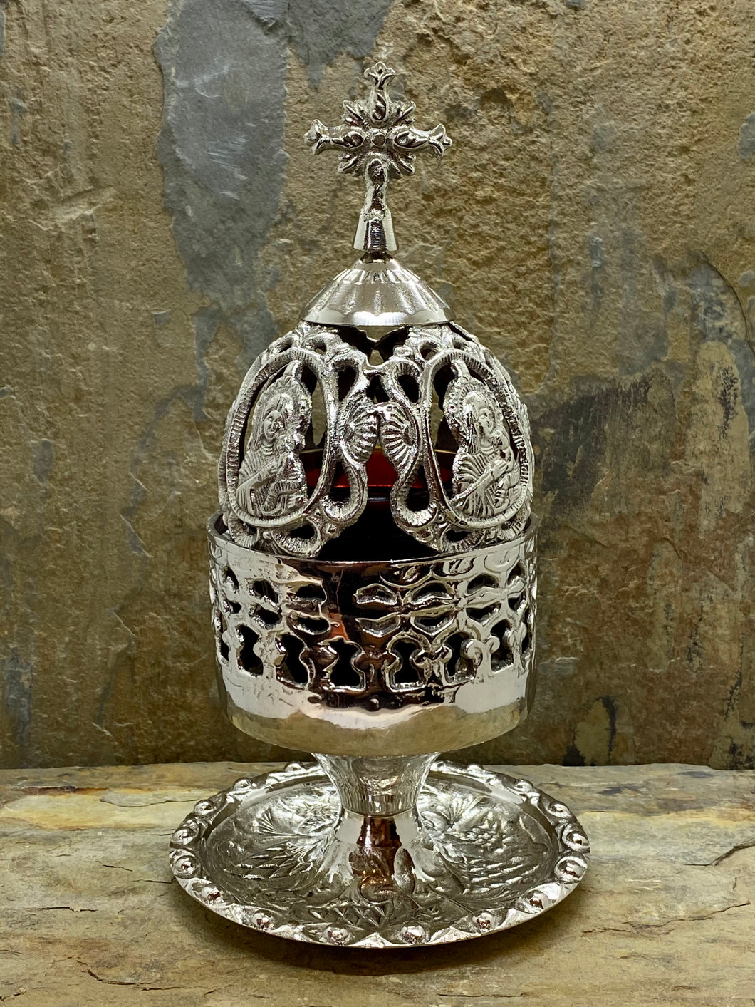 Fine Detailed Large Greek Orthodox Nickel Plated Brass Kantili Vigil Lamp 9580N