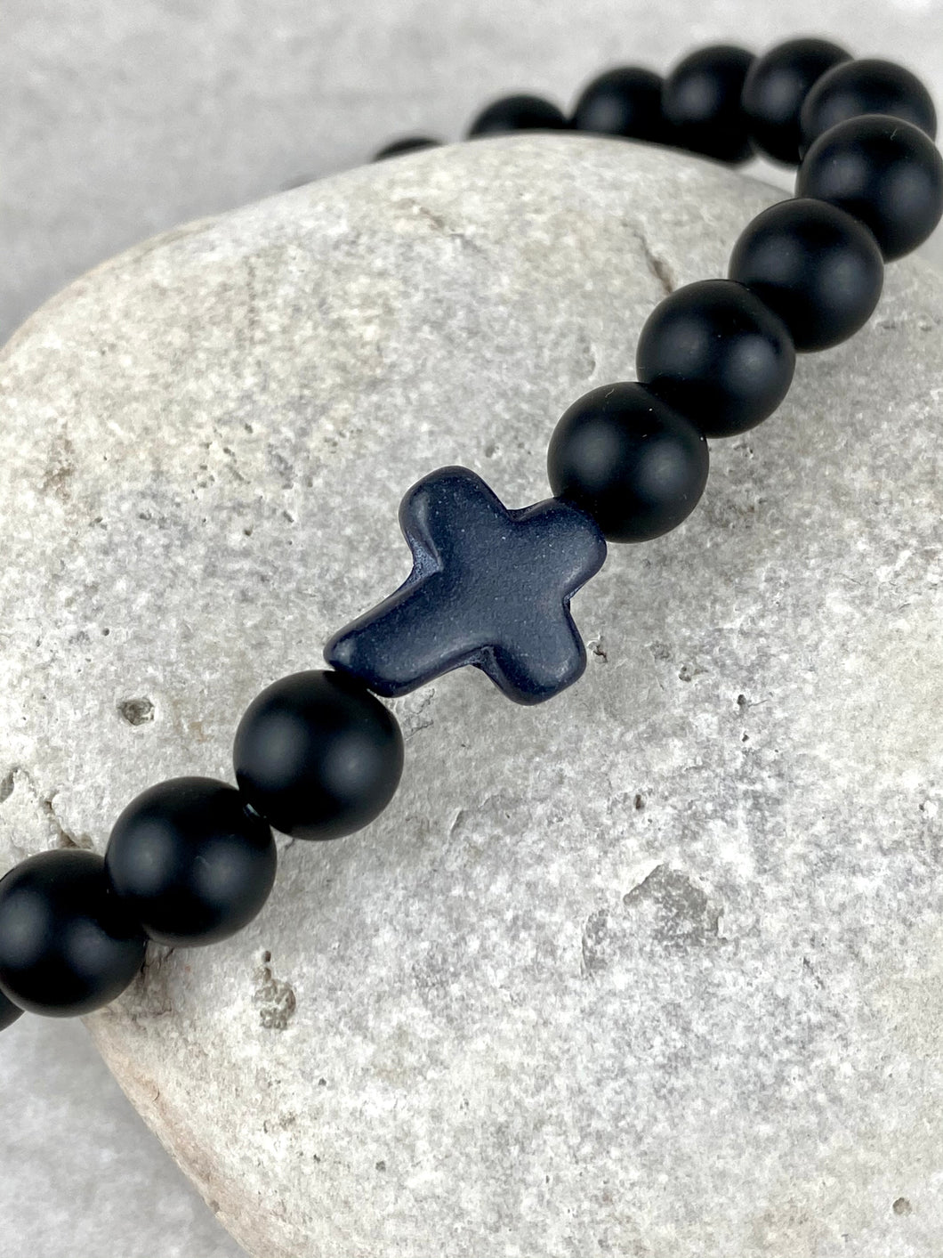 Black Matte Natural Stone Beaded Bracelet with Cross MB6