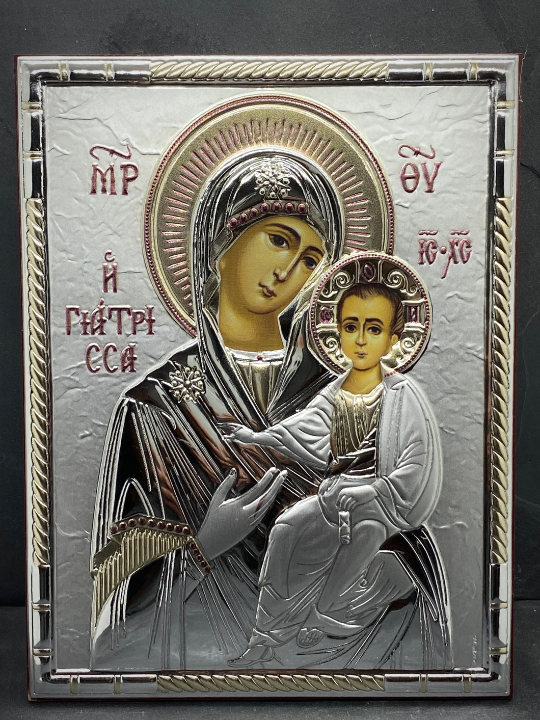 An original copy of Byzantine Holy Icon Giatrissa made with 925* Silver on Cherry Wood SI2