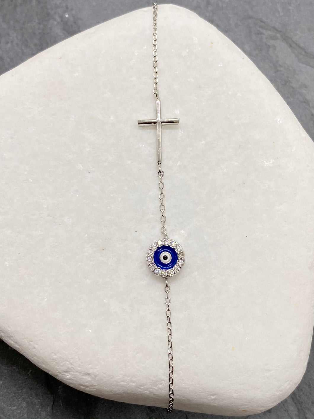 925” Sterling Silver Evil Eye Mati with Rhinestone and Silver Cross Bracelet SB22