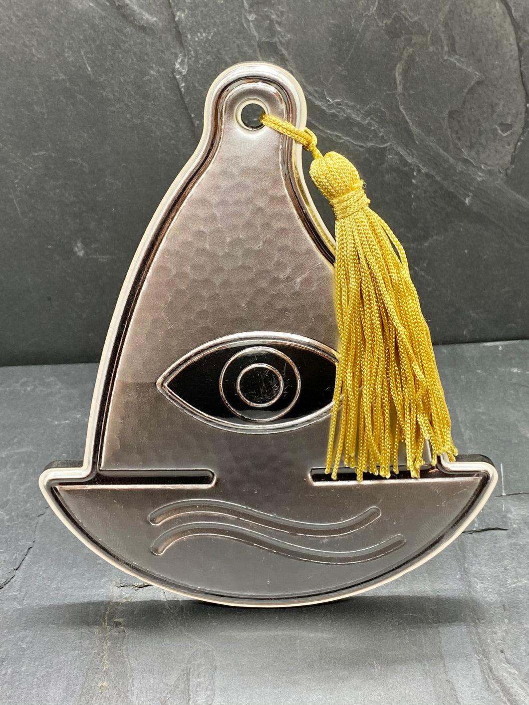 Silver Plated Evil Eye Sail Boat with Tassel on Wood SB10