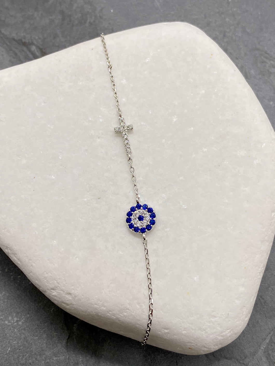 925” Sterling Silver Evil Eye Mati with Cross and Rhinestones SB11