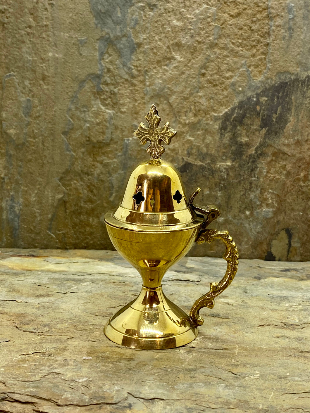 Polished Brass Themioto Incense Burner with Detailed Handle 4092B