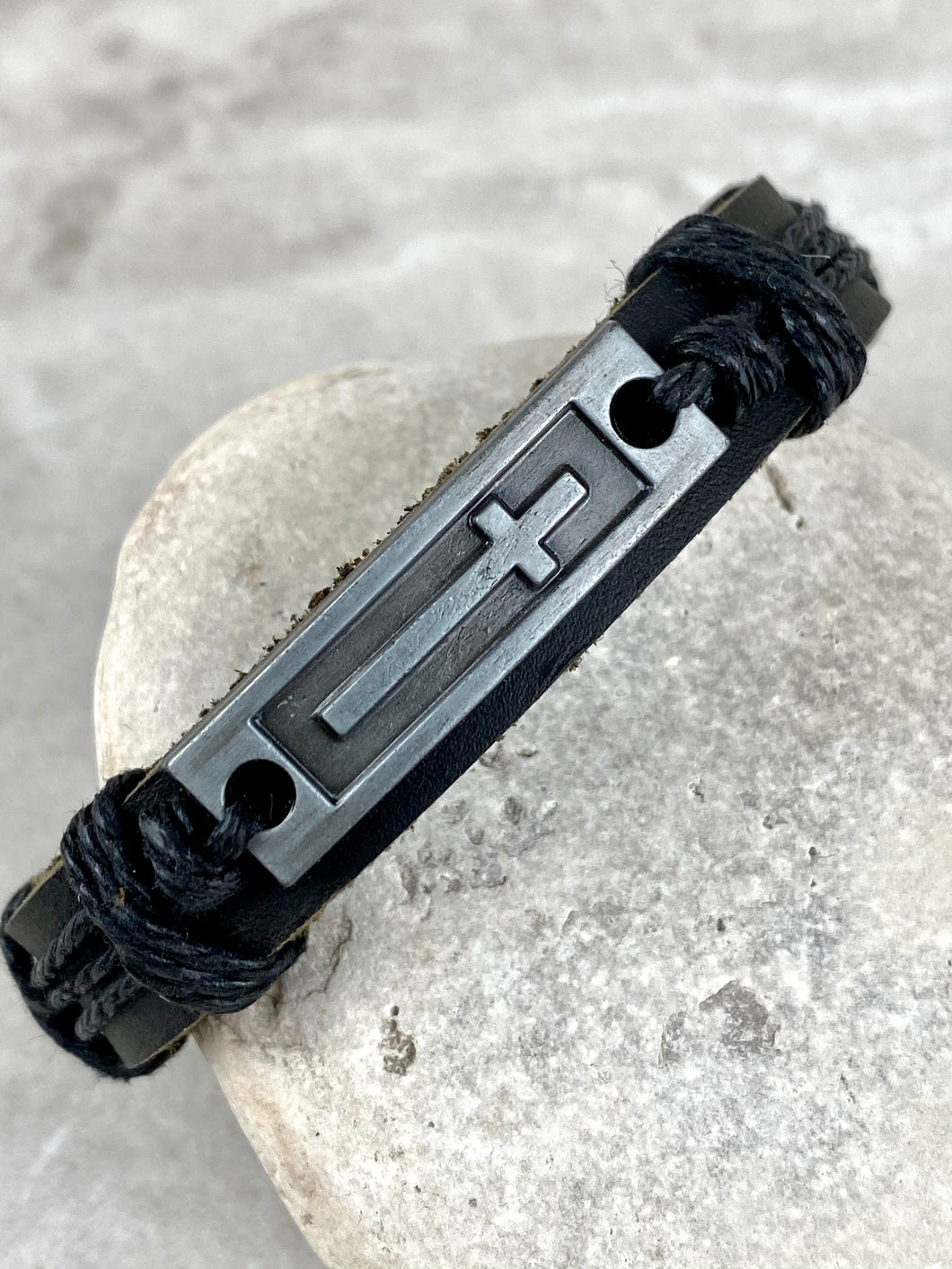 Black Leather Adjustable Bracelet with Cross MLB11