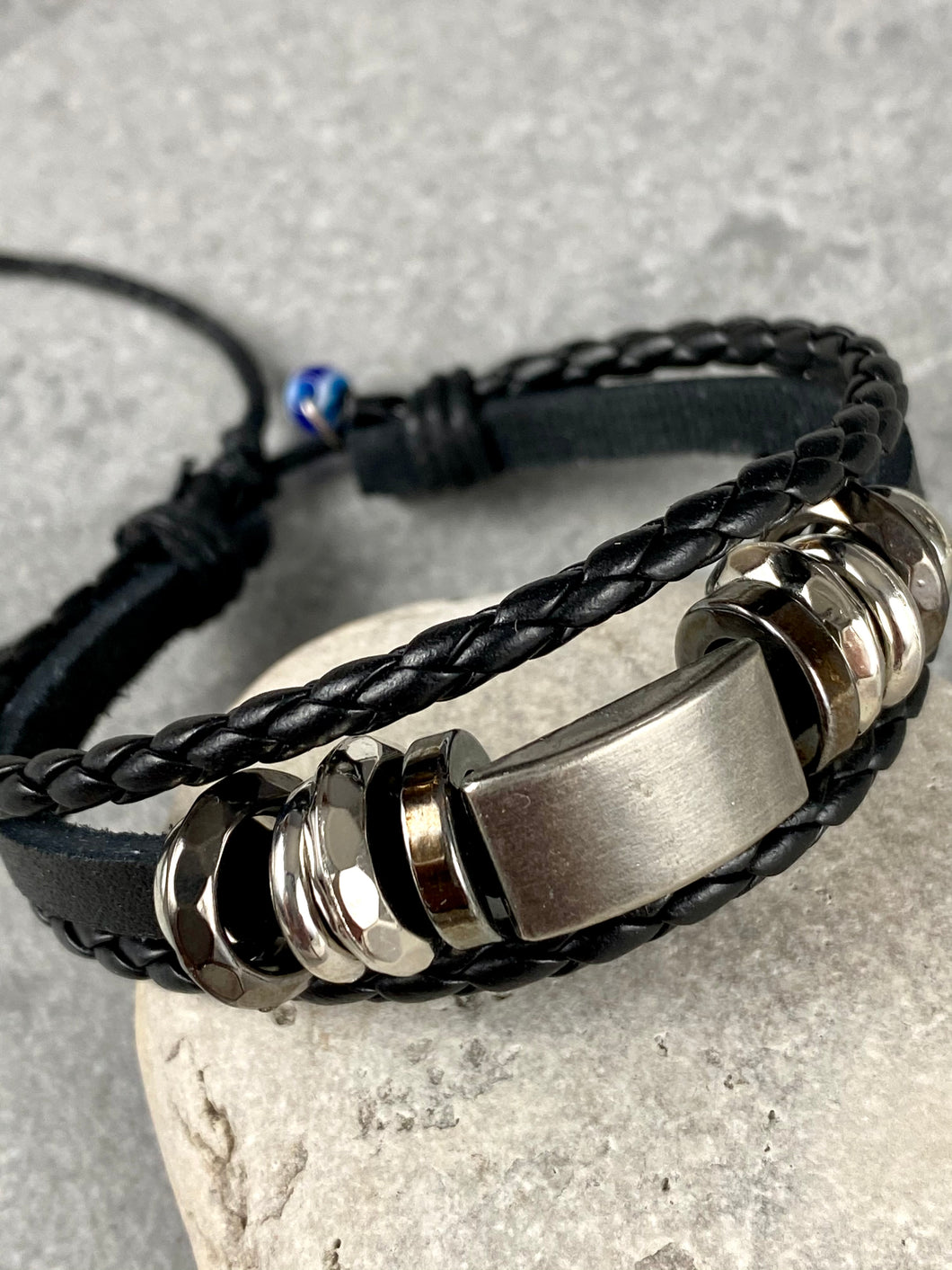 Black Leather  Braided Adjustable Bracelet with Metal MB32