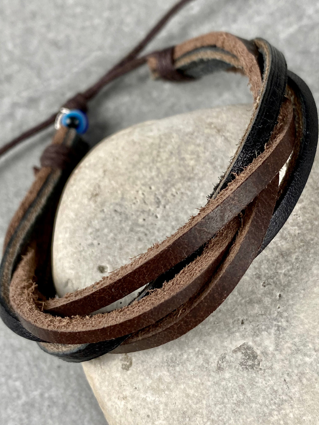 Brown Leather Adjustable Bracelet with Evil Eye Bead MB35