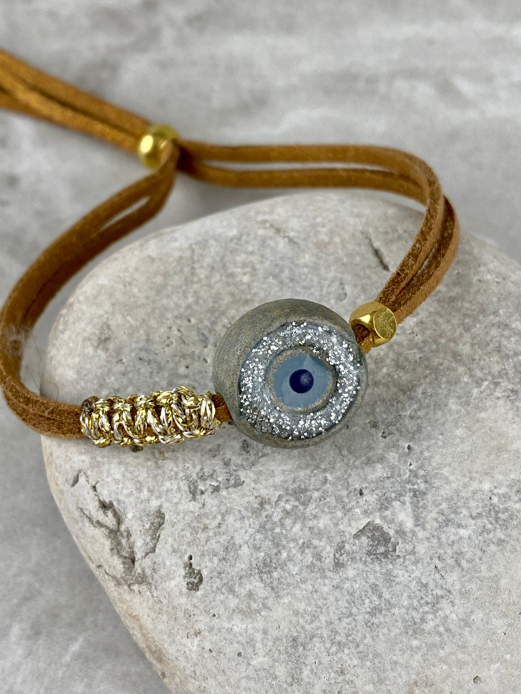 Adjustable Evil Eye Bracelet on Suede Strap with Beads EE1