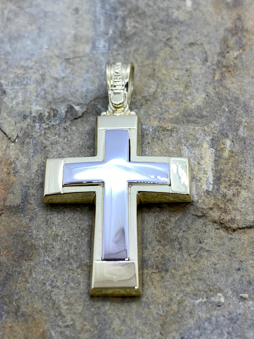 Triantos 14k 2 Tone White with Yellow Gold Brushed and Polished Cross 24