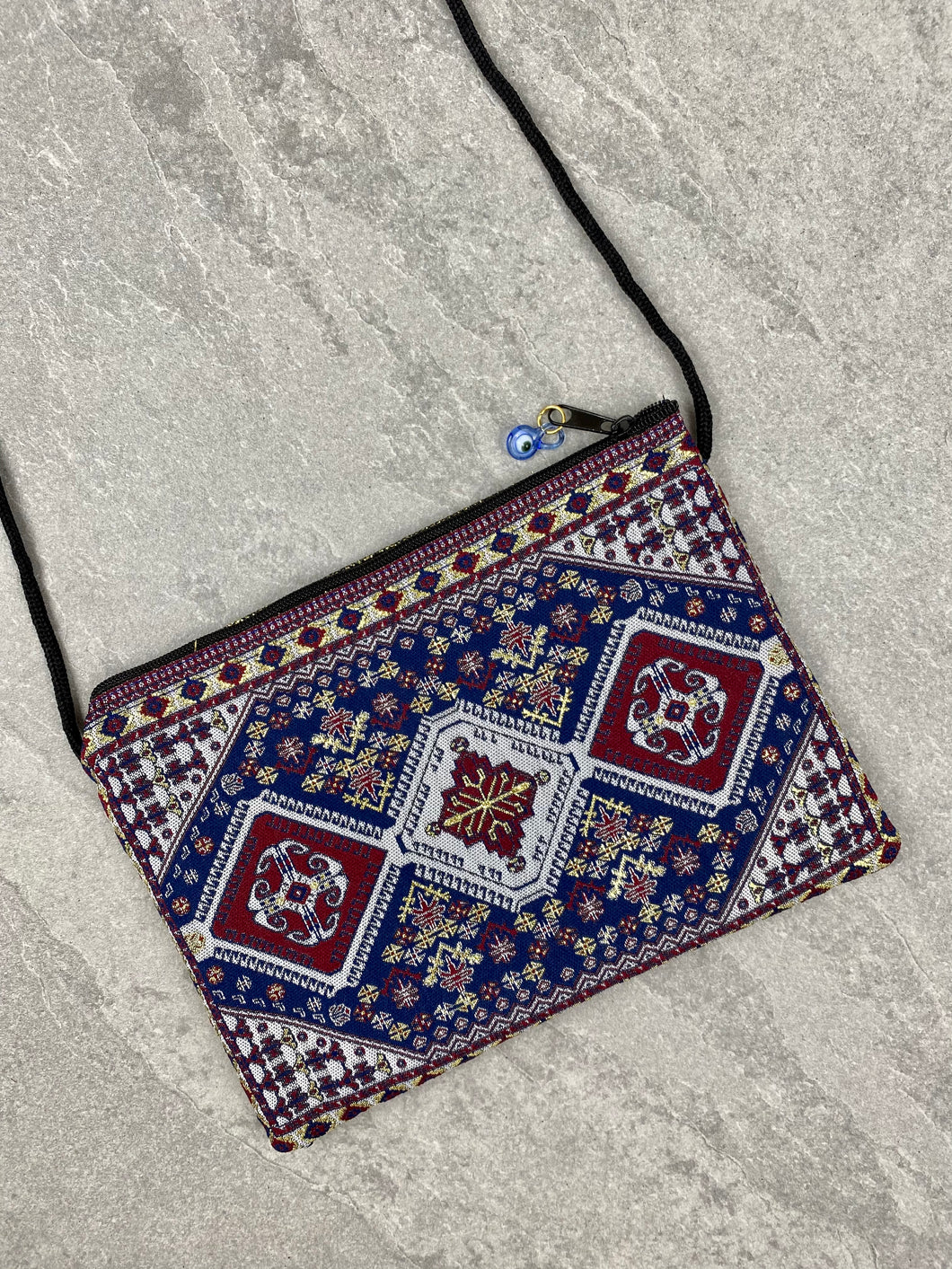 Tapestry Crossover Pouch with Glass Evil Eye and Zipper TP9